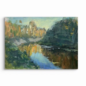 Original Landscape UNFRAMED,  Evening River in the Forest, Painting One-of-a-Kind, Unique Artwork, Hand-Painted