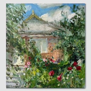 May include: Oil painting of a small brick house with a white roof and a window. The house is surrounded by lush green foliage and vibrant red and pink roses. The sky is blue with white clouds, creating a serene garden scene.