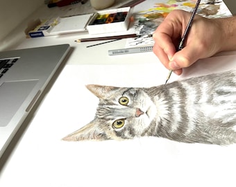Hand Painted Cat Portrait, Custom Watercolor Pet Painting