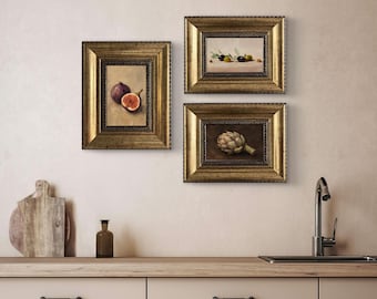 French Kitchen Wall Art – Set of 3 Original Framed Oil Paintings – Figs, Olives, Artichoke