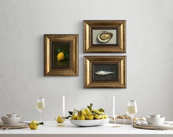 Vintage Framed Still Life Oil Painting Set, Sardine, Lemon, Oyster