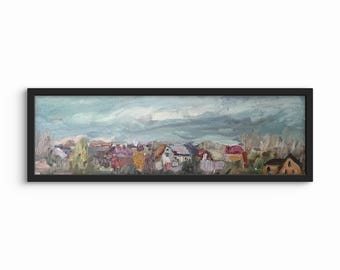Nature Original Oil Painting, Ukrainian Countryside – Village and Clouds Landscape, One-of-a-Kind Impressionist