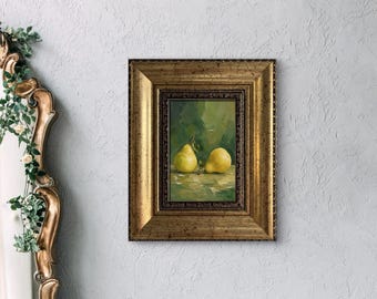 Pear Still Life FRAMED, Two Pears Painting, Vintage Gold Frame, Fruit Wall Decor, Kitchen Wall Art, Rustic Home Decor, Original Oil Painting