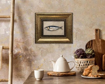 Original Sardine Oil Painting, Vintage Gold Frame, Coastal Kitchen Wall Art, Mediterranean Seafood Decor