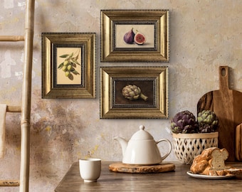 French Kitchen Wall Art – Set of 3 Original Framed Oil Paintings – Olives, Figs, Artichoke