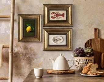 Lopster, Oyster, Lemon- Set of 3 Original Framed Oil Paintings – French Kitchen Wall Art