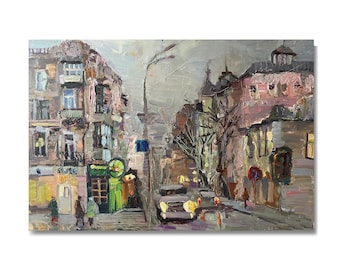 Kyiv Street Oil Painting – Expressionist Fall Colors Artwork, 15.7 x 23.6 inches