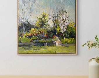 Spring Original  Painting, Blooming Trees and Flowers Original  Painting Unframed, Unique Wall Art