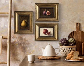Pear, Pomegranate, Fig - Set of 3 Original Framed Oil Paintings – French Kitchen Wall Art