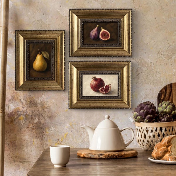Pear, Pomegranate, Fig - Set of 3 Original Framed Oil Paintings – French Kitchen Wall Art