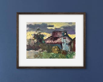 Original Oil Painting UNFRAMED, Ukrainian Countryside, sunset oil painting, One-of-a-Kind Impressionist