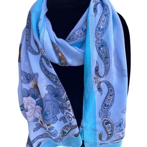 Floral Paisley Silk Scarf - Lightweight Blue Border