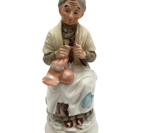 Vintage Porcelain Figurine Elderly Woman Knitting Japan 8"