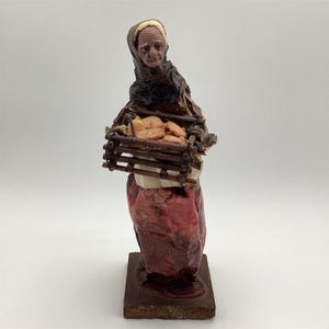 Vintage Mexican Folk Art Paper Mache Figure Old Woman with Basket