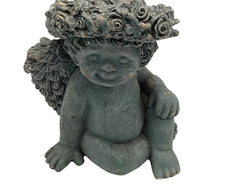 Cherub Angel Figurine Flower Crown Vintage Garden Decor