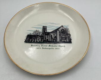 Broadway United Methodist Church 1873-1973 Hundraårsjubileumstallrik 25 cm guldkantad keramik samlarobjekt Vintage Indianapolis