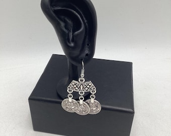 Boho Silver Tone Coin Chandelier Drop Earrings Gypsy Tribal Statement Jewelry