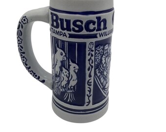 Vintage Busch Gardens Ceramic Beer Stein Mug Blue & White Souvenir