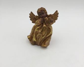 Vintage Gold Angel Figurine With Wings & Harp