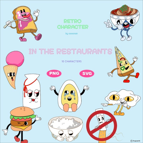 Retro SVG Bundle Cartoon Characters, Retro Mascot PNG Clipart Digital Download, Groovy Restaurant, Gyodon, ice cream, rice, tobacco