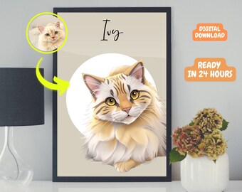 May include: A framed digital art print featuring a detailed illustration of a cat named Ivy. The artwork showcases a light brown and cream-colored cat with yellow eyes, set against a neutral background. The words "DIGITAL DOWNLOAD" and "READY IN 24 HOURS" are also visible.