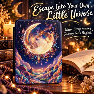 Könnte beinhalten: Eine rechteckige E-Reader-Hülle mit einer farbenfrohen Illustration eines großen Mondes über einer Landschaft mit Pilzen und einem Fluss. Der Text lautet: Escape Into Your Own Little Universe. Where Every Reading Journey Feels Magical.