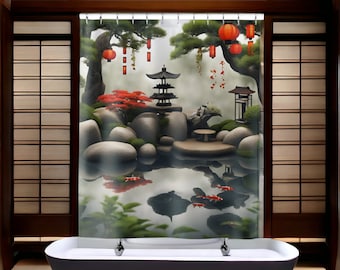 Rideau de douche design zen de style japonais | Décoration de salle de bain unique en 100 % polyester.