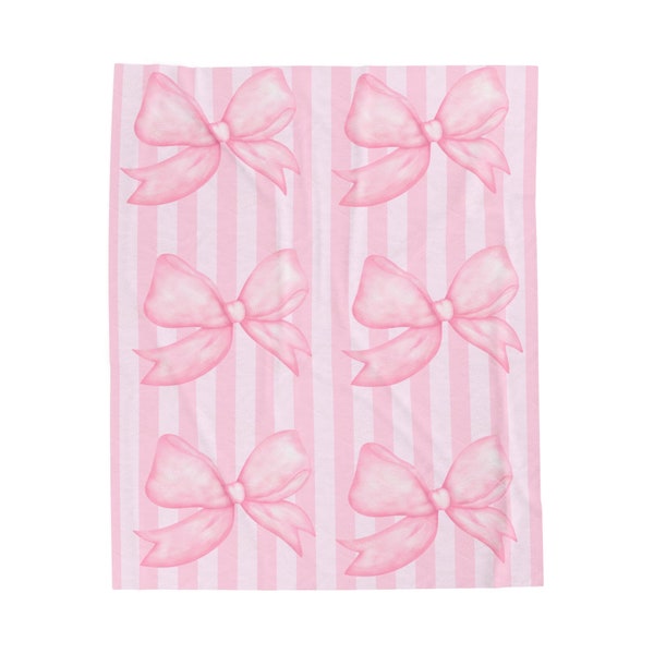 Velveteen Plush Blanket. Pink striped pink bow coquette