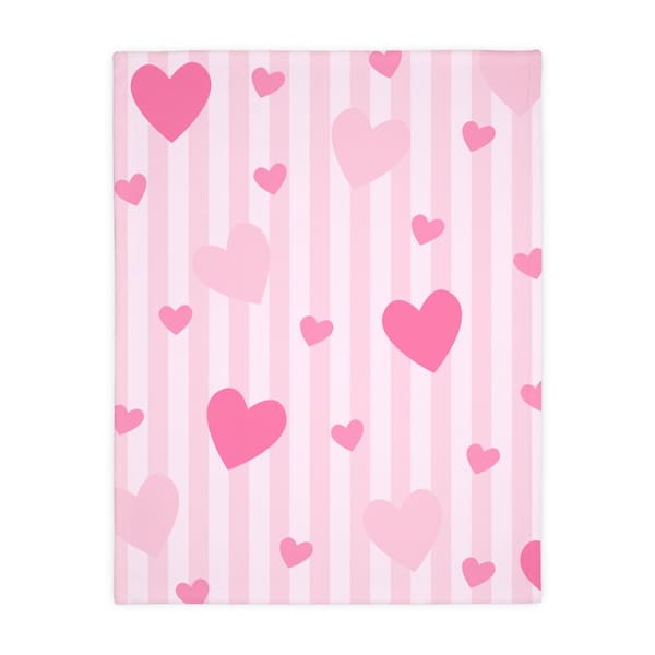 Two-sided print Velveteen Microfiber Blanket. Pink striped hearts