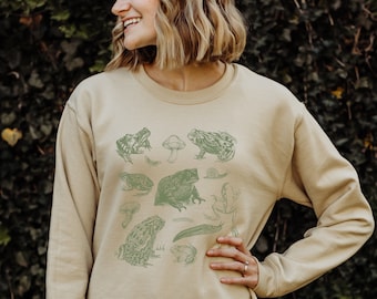 May include: A beige sweatshirt with a green print of various frogs, toads, and mushrooms.