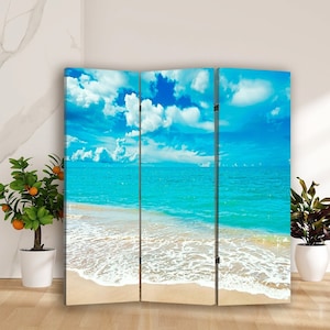 Beach print screen divider Canvas Ocean art decor Seascape print Free Standing Folding screen Hanging room divider Wood room divider gift