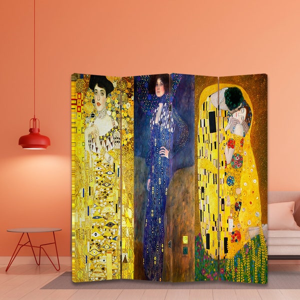 Reproducción del artista Impresión de Gustav Klimt Biombo de lienzo El beso Biombo plegable Retrato de Emilie Louise Flöge Biombo de habitación Arte collage