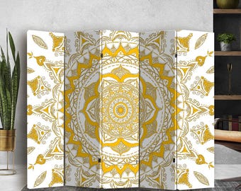 Serigrafía de mandala sobre lienzo. Hermoso separador de ambientes amarillo. Ideal para yoga, hogar o como biombo. Diseño bohemio para dormitorio y oficina. Regalo moderno y estético.