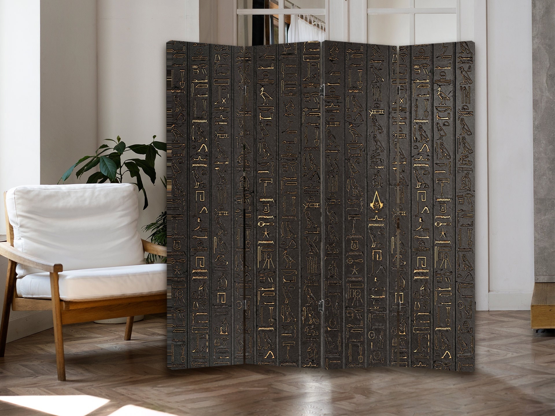 Egyptian Hieroglyph Print Screen Canvas Room Divider Gold Abstract