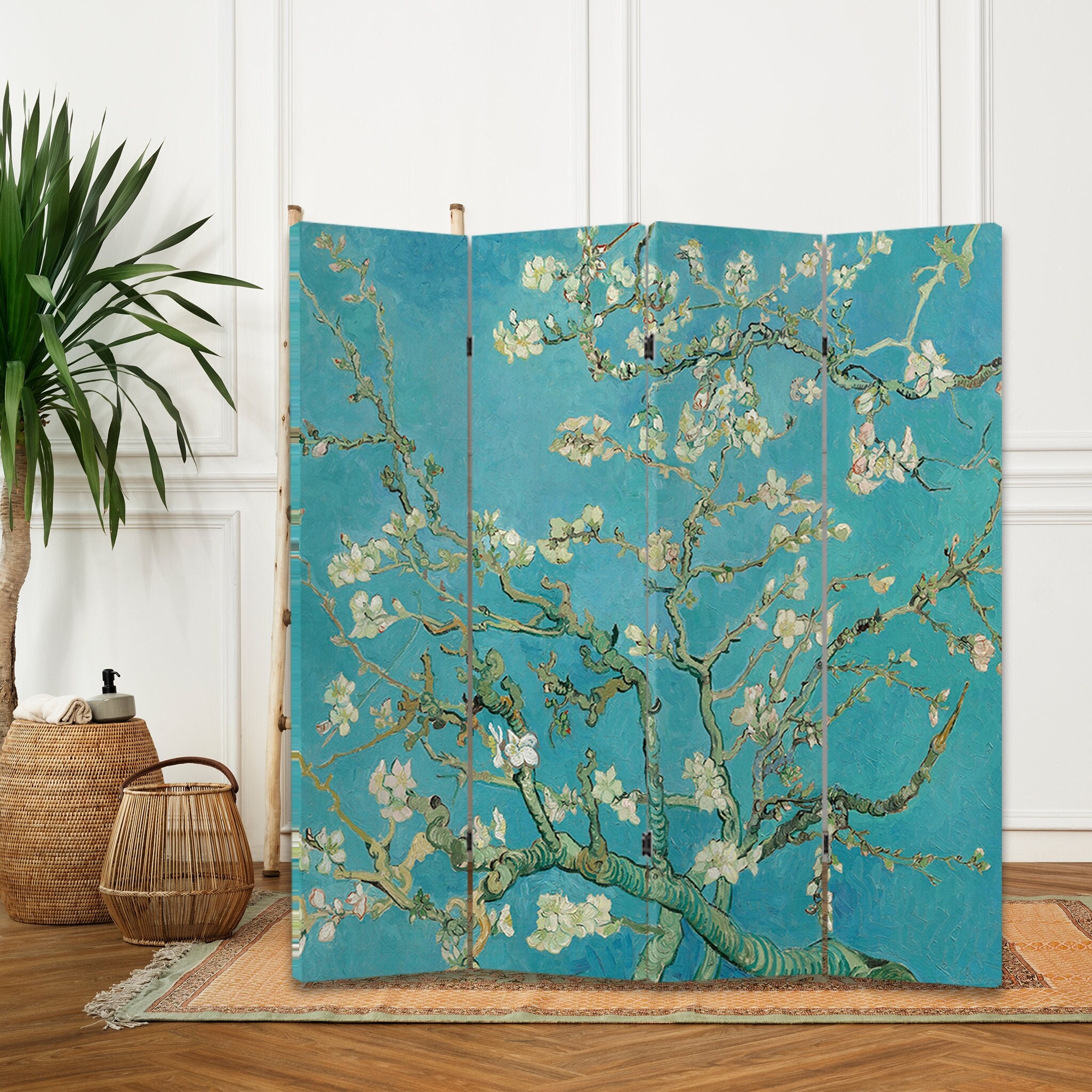 Blossoming almond print Canvas room divider Vincent van Gogh art decor Reproduction artwork Blossom flower Folding screen room partition
