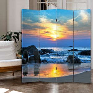 Ocean shore print Canvas room divider Beach art decor Hawaii Art Sea Free Standing art Folding screen Wood frame division screen Sunset gift