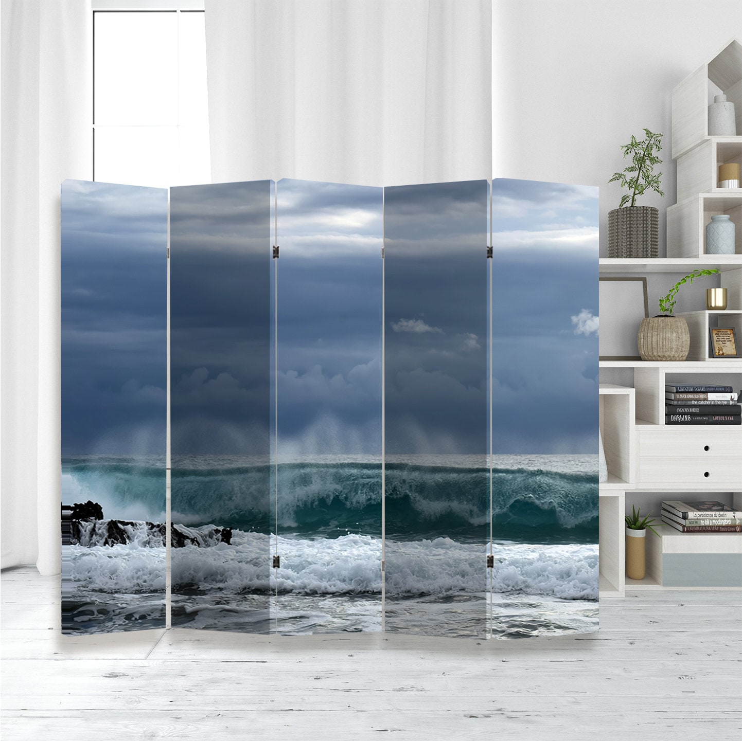 Sea Wave Canvas Room Divider Ocean Print Free Standing Beach Folding ...