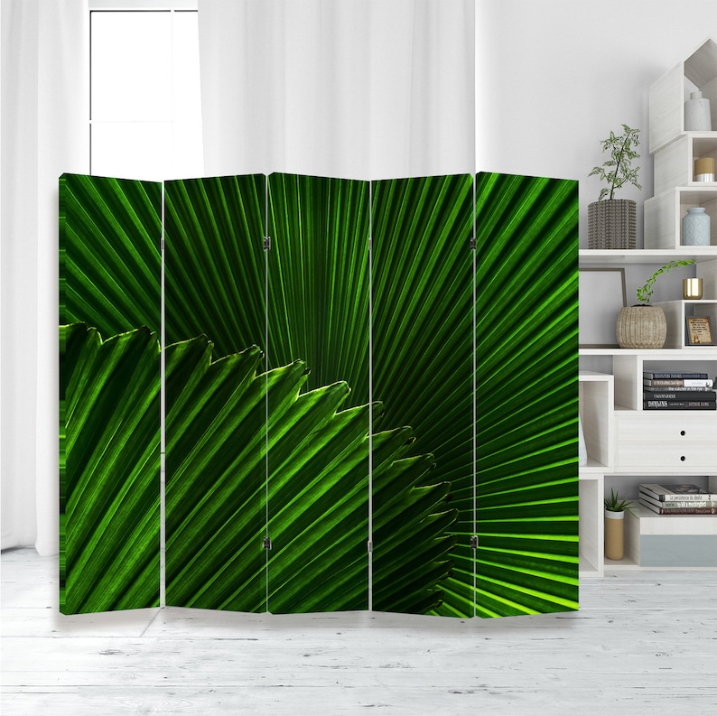 Puede incluir: Un divisor de habitaci&oacute;n verde con una imagen de primer plano de una hoja de palmera. La hoja tiene un patr&oacute;n radial de rayas verdes.