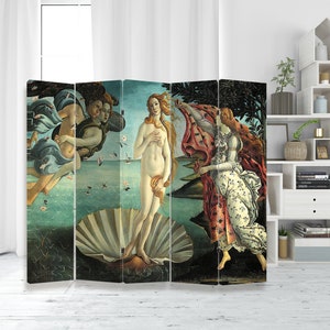 May include: A five-panel room divider featuring a reproduction of Sandro Botticelli's The Birth of Venus painting. The painting depicts a nude woman standing on a giant scallop shell, with the god of the wind, Zephyr, and the nymph, Chloris, in the background.