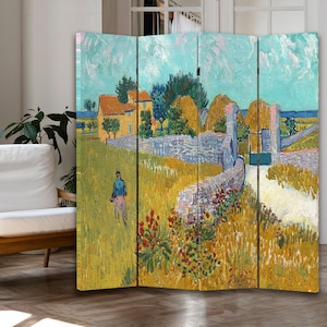 May include: A four-panel room divider featuring a painting of a rural landscape with a farmhouse, a stone wall, and a figure walking in a field. The painting is in a style reminiscent of Vincent van Gogh, with bold brushstrokes and vibrant colours.