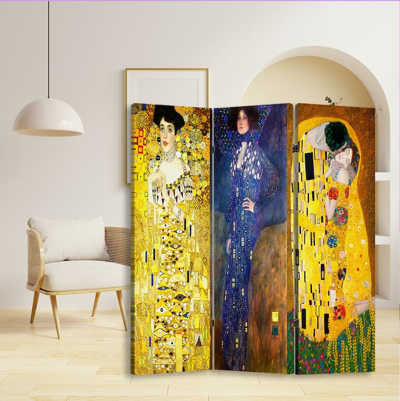 Artist Reproduction Gustav Klimt Print Canvas Room Divider Kiss Folding Screen Portrait of