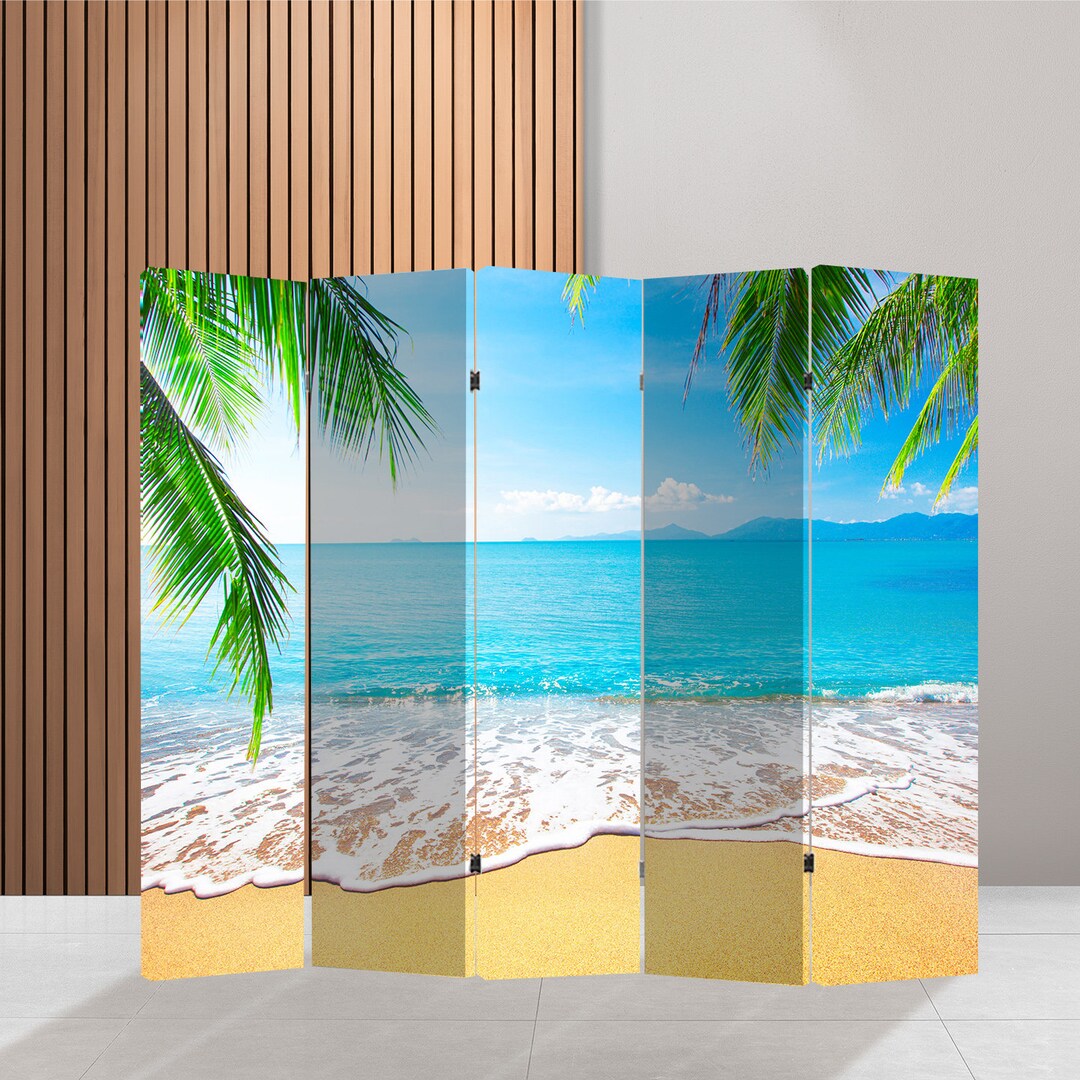 Beach Print Canvas Room Divider Palm Tree Decor Free Standing Art ...