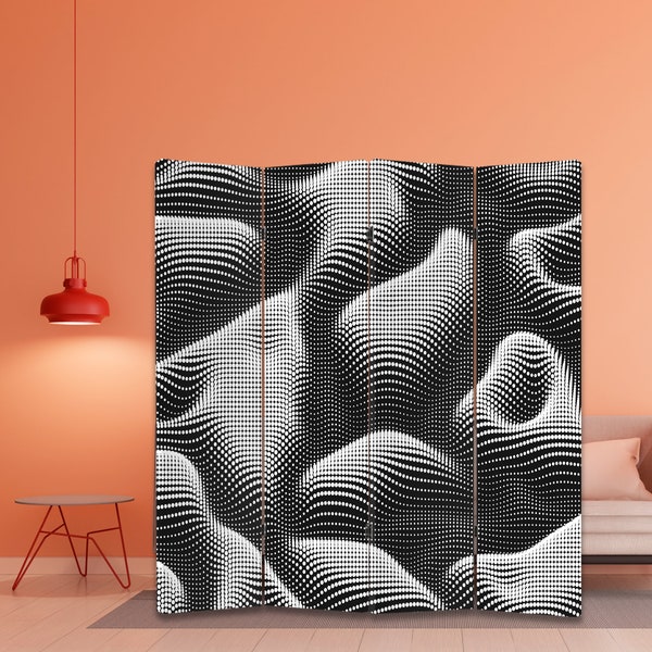 White Black Abstract Print Screen Wave Canvas 3D Room Divider Modern art decor Folding screen Living room décor Office design fine artwork