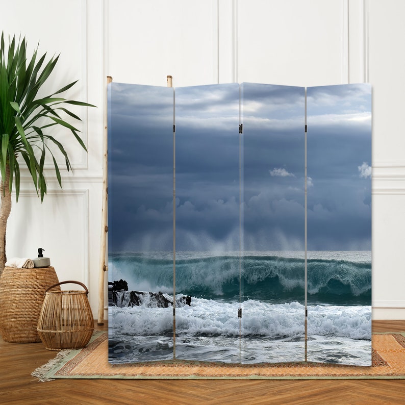 Sea Wave Canvas Room Divider Ocean Print Free Standing Beach Folding ...