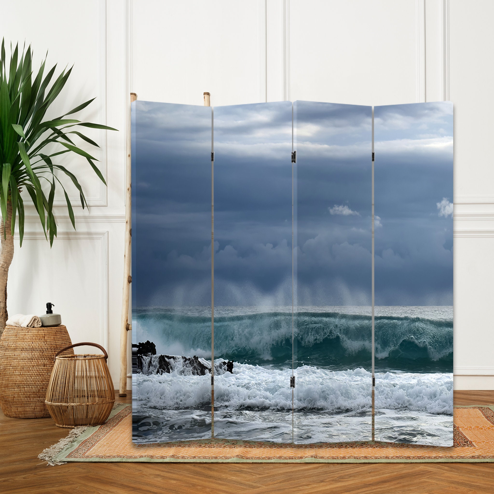 Sea Wave Canvas Room Divider Ocean Print Free Standing Beach Folding ...