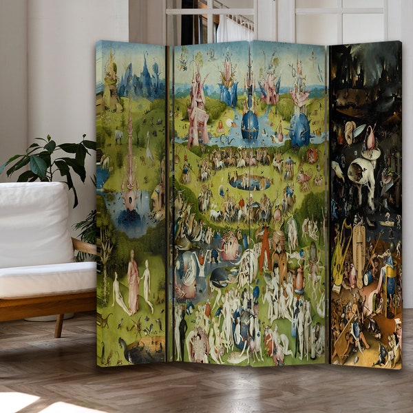 Der Garten der Lüste Druck Leinwand Raumteiler Hieronymus Bosch Reproduktion Druck Freistehende Kunst Paracord Holzrahmen