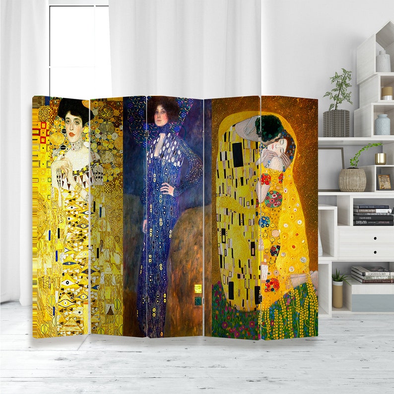 Artist Reproduction Gustav Klimt Print Canvas Room Divider Kiss Folding Screen Portrait of