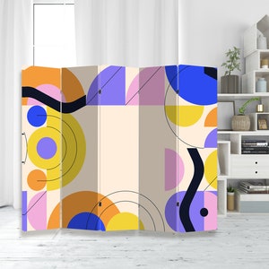 May include: A five-panel room divider with a geometric pattern featuring circles, semi-circles, and lines in shades of yellow, orange, pink, blue, and purple on a cream background.