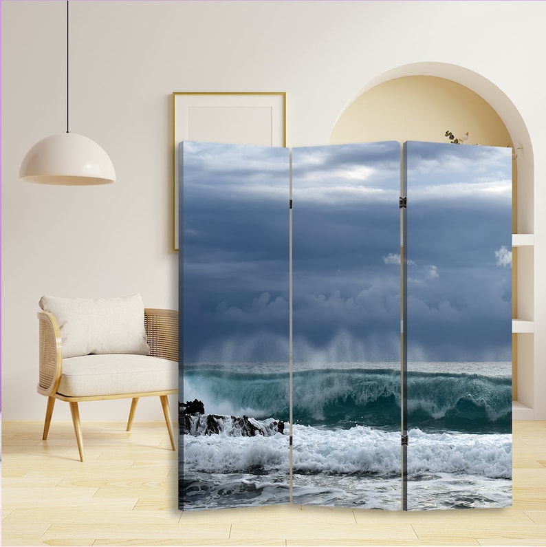 Sea Wave Canvas Room Divider Ocean Print Free Standing Beach Folding ...