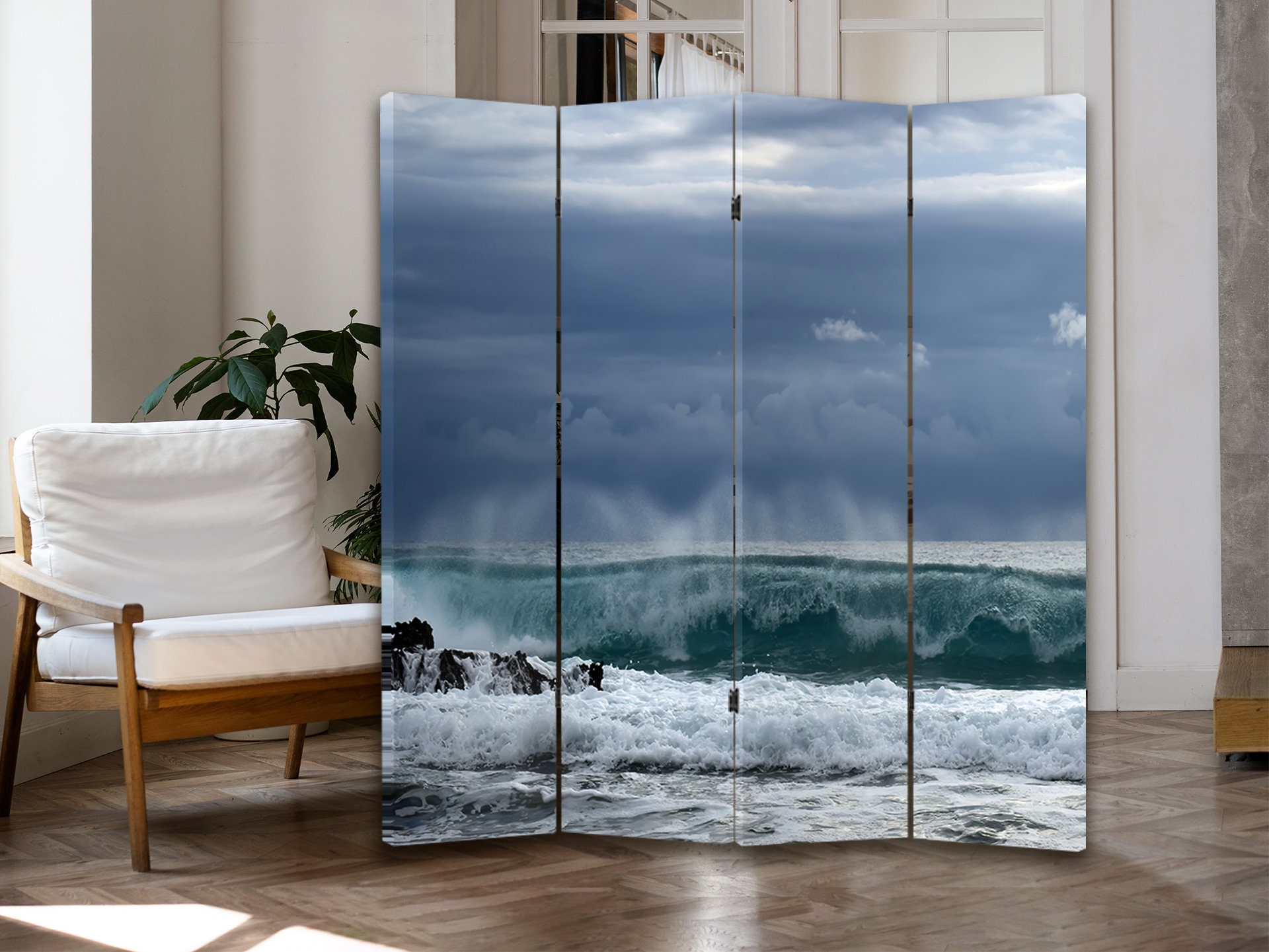 Sea Wave Canvas Room Divider Ocean Print Free Standing Beach Folding ...